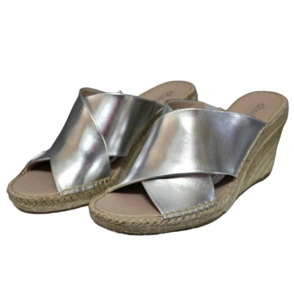 CHARLES Women slip-on jute rope 3.5" heel NEUTRON Silver sandal Size 7.5 M